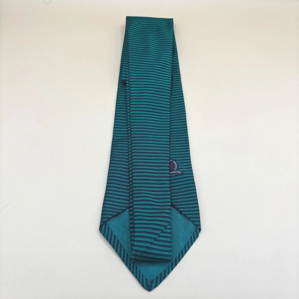 Tommy Hilfiger Mens Silk Tie Teal Navy Horizontal Stripe Crest Preppy Classic